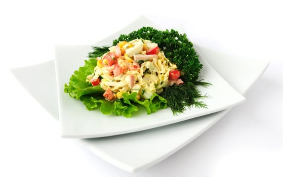 a salad of corn, Chinese cabbage, egg, ham, peppers and mayonnaise

