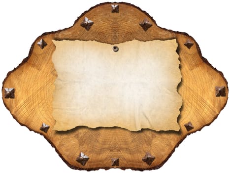 Blank and vintage paper in section of tree trunk on white
