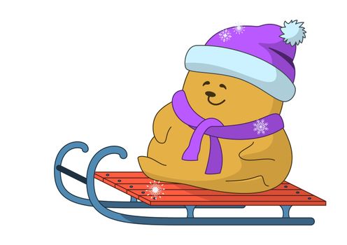 Cartoon, little teddy bear goes for a drive on sledge