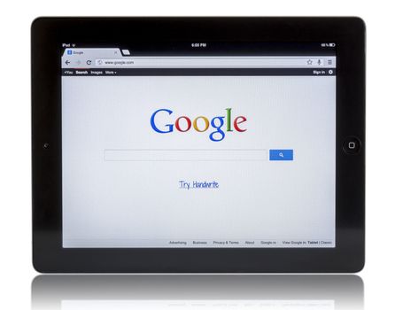 Galati, Romania - August 18, 2012: Apple Ipad 3 with the Google.com web site search engine displayed on lcd screen. Google.com is one of the most important search engine. Studio shot on white background.