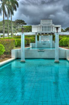 An HDR image of the Laie Hawaii Mormon Temple taken on the Island of Oahu
