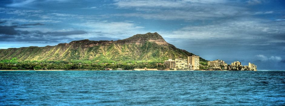 A panoramic HDR shot of the Hotels along the coast of the Diamond Head crater on Oahu, Hawaii