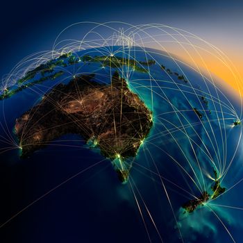 Highly detailed planet Earth at night with embossed continents, illuminated by light of cities, translucent and reflective ocean. Earth is surrounded by a luminous network, representing the major air routes based on real data