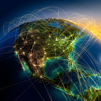 Highly detailed planet Earth at night with embossed continents, illuminated by light of cities, translucent and reflective ocean. Earth is surrounded by a luminous network, representing the major air routes based on real data