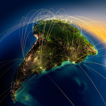 Highly detailed planet Earth at night with embossed continents, illuminated by light of cities, translucent and reflective ocean. Earth is surrounded by a luminous network, representing the major air routes based on real data