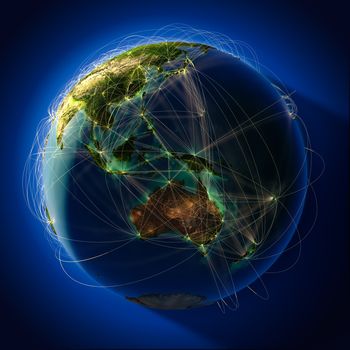 Highly detailed planet Earth at night, lit from behind the evening sun, with embossed continents, illuminated by light of cities, translucent and reflective ocean. Earth is surrounded by a luminous network, representing the major air routes based on real data