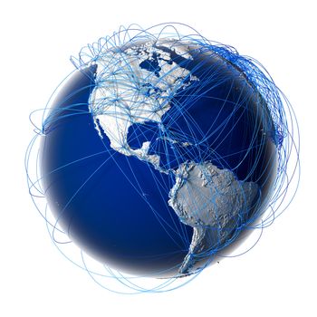 Earth with relief stylized continents surrounded by a wired network, symbolizing the world aviation traffic, which is based on real data on the carriage of passengers and flight directions. Isolated on white