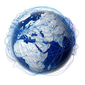 Earth with relief stylized continents surrounded by a wired network, symbolizing the world aviation traffic, which is based on real data on the carriage of passengers and flight directions. Isolated on white