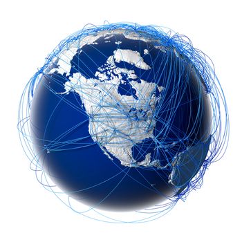 Earth with relief stylized continents surrounded by a wired network, symbolizing the world aviation traffic, which is based on real data on the carriage of passengers and flight directions. Isolated on white