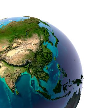 Earth with translucent water in the oceans and the detailed topography of the continents. A fragment of the Asia and Oceania. Isolated on white