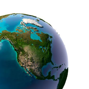 Earth with translucent water in the oceans and the detailed topography of the continents. Detail of the Earth with North America. Isolated on white.