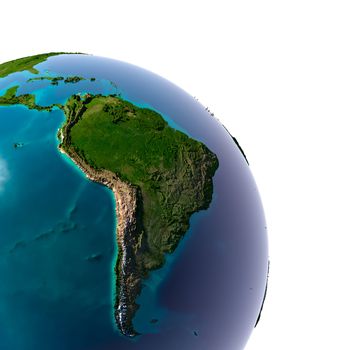 Earth with translucent water in the oceans and the detailed topography of the continents. Detail of the Earth with South America. Isolated on white.