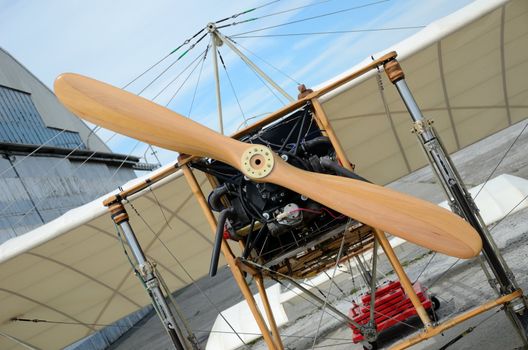 SZYMANOW, POLAND - AUGUST 25: copy of wooden plane Bleriot XI - the first plane which flied over La Manche canal. Replica presented on August 25, 2012 in Szymanow.