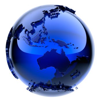 Blue glass globe with frosted continents a little stand out from the water surface