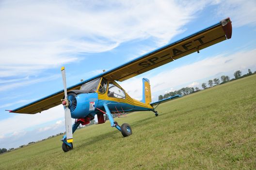 SZYMANOW, POLAND - AUGUST 25: Simple Polish plane Wilga 35 presented during air show on August 25, 2012 in Szymanow.