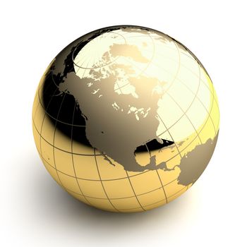 Metal globe of the Earth with a golden hue as it were photographed in the studio. 3D-graphics