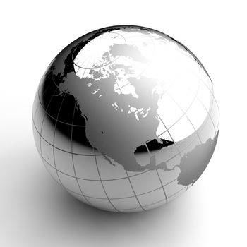 Metal chrome ball with the image contours of the continents, on a white background