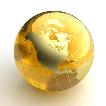 A miniature model of the Earth in the form of a ball made of amber, as the continents with a golden coating