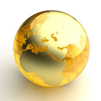 A miniature model of the Earth in the form of a ball made of amber, as the continents with a golden coating.