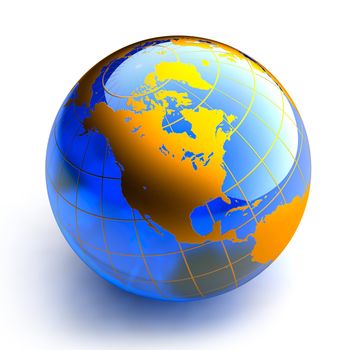 Earth in the form of a glass ball blue and orange continents on a white background