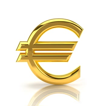 Euro sign, made of gold, stands upright on a white background