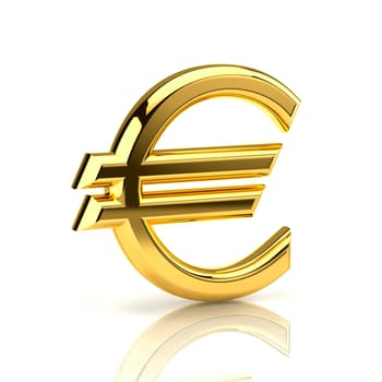 Euro sign, made of gold, stands upright on a white background