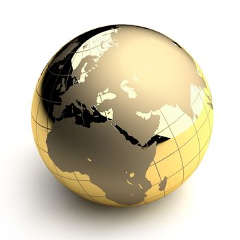 Metal globe of the Earth with a golden hue as it were photographed in the studio. 3D-graphics