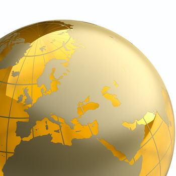 Amber globe with golden continents on white background. Detail
