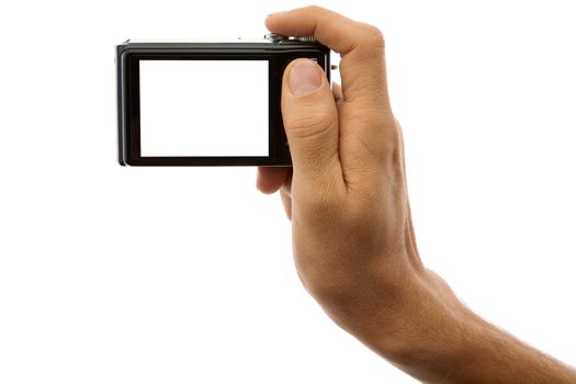 Hand of a man holding a digital camera on a white background