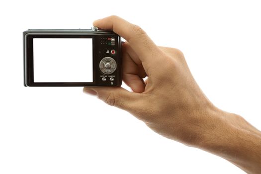 Hand of a man holding a digital camera on a white background