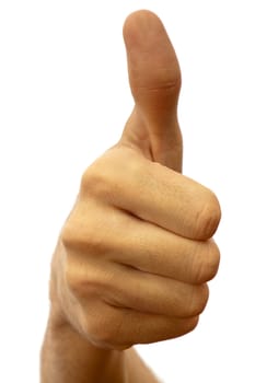 The hand of the young man shows his thumb up on a white background