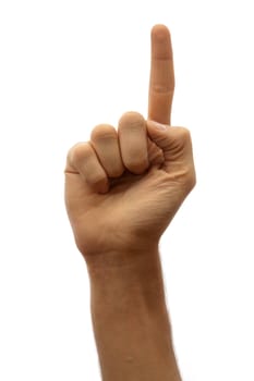 Man's hand with the index finger, showing up on a white background