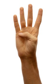 The hand of man shows four fingers on a white background