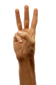 The hand of man shows two fingers on a white background