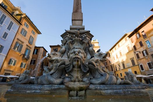 Fountain on the Piazza della Rotonda in Rome, Italy. Frame, photographed wide-angle lens