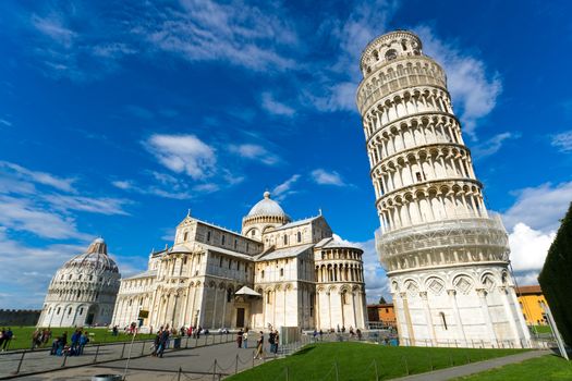 Piazza dei miracoli, with the Basilica and the leaning tower. Pisa, Italy