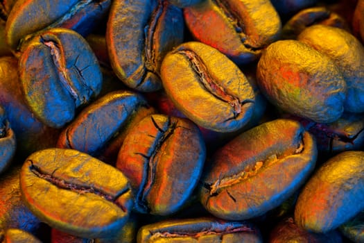 Macro of coffee beans with the effect of colored light, creating a mysterious atmosphere of the drink