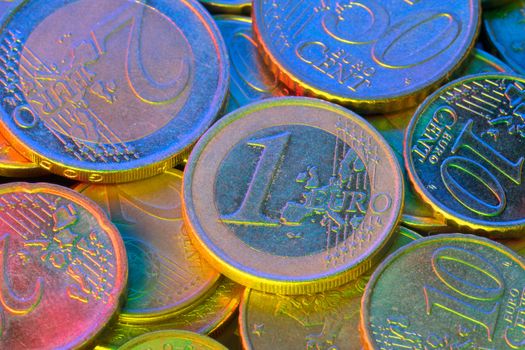 Several Euro coins photographed in close-up macro lens