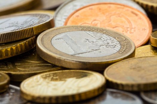 Several Euro coins photographed in close-up macro lens