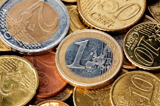 Several Euro coins photographed in close-up macro lens