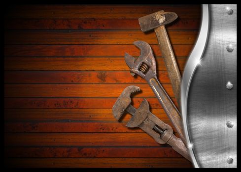 Wood and metal vintage background with old tools and space for text

