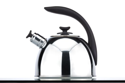 Chrome kettle with whistle, shot on a white background