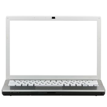 Modern silver slim widescreen notebook, isolated on a white background, front view