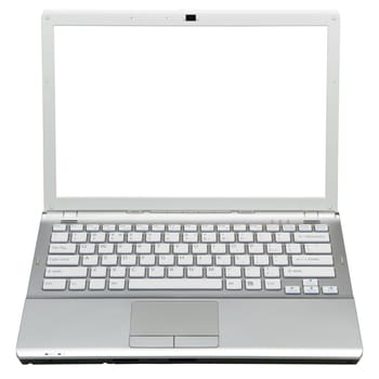 Modern silver slim widescreen notebook, isolated on a white background, front view