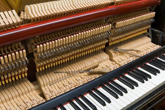 Piano with remove the front cover in the process of adjustment