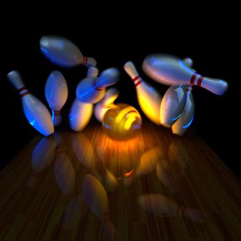 Glowing ball does strike! Physically correct simulation of swirling strike in bowling with the real 3D motion blur on. Night lighting effect
