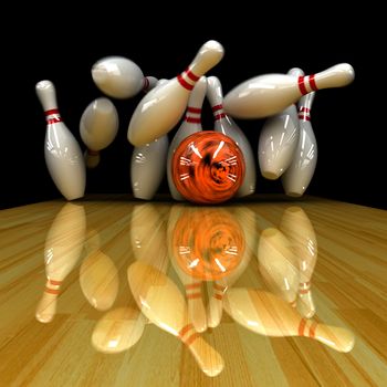 Orange ball does strike! Physically correct simulation of swirling strike in bowling with the real 3D motion blur on