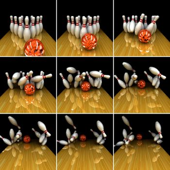 Orange ball does strike! Physically correct simulation of swirling strike in bowling with the real 3D motion blur on