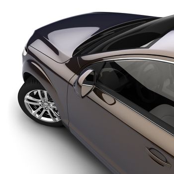 Dynamic view of the modern car from the driver's door, just above, on a white background