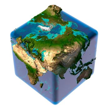 Earth as a cube with translucent body of water and a detailed relief map of the continents and ocean floor